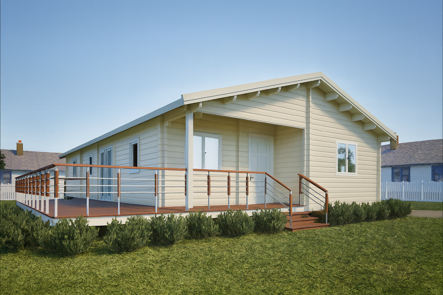 Granny flat with a dark green exterior, wooden deck with modern wire railing, and a wooden front door, surrounded by lush greenery and bright blue skies.